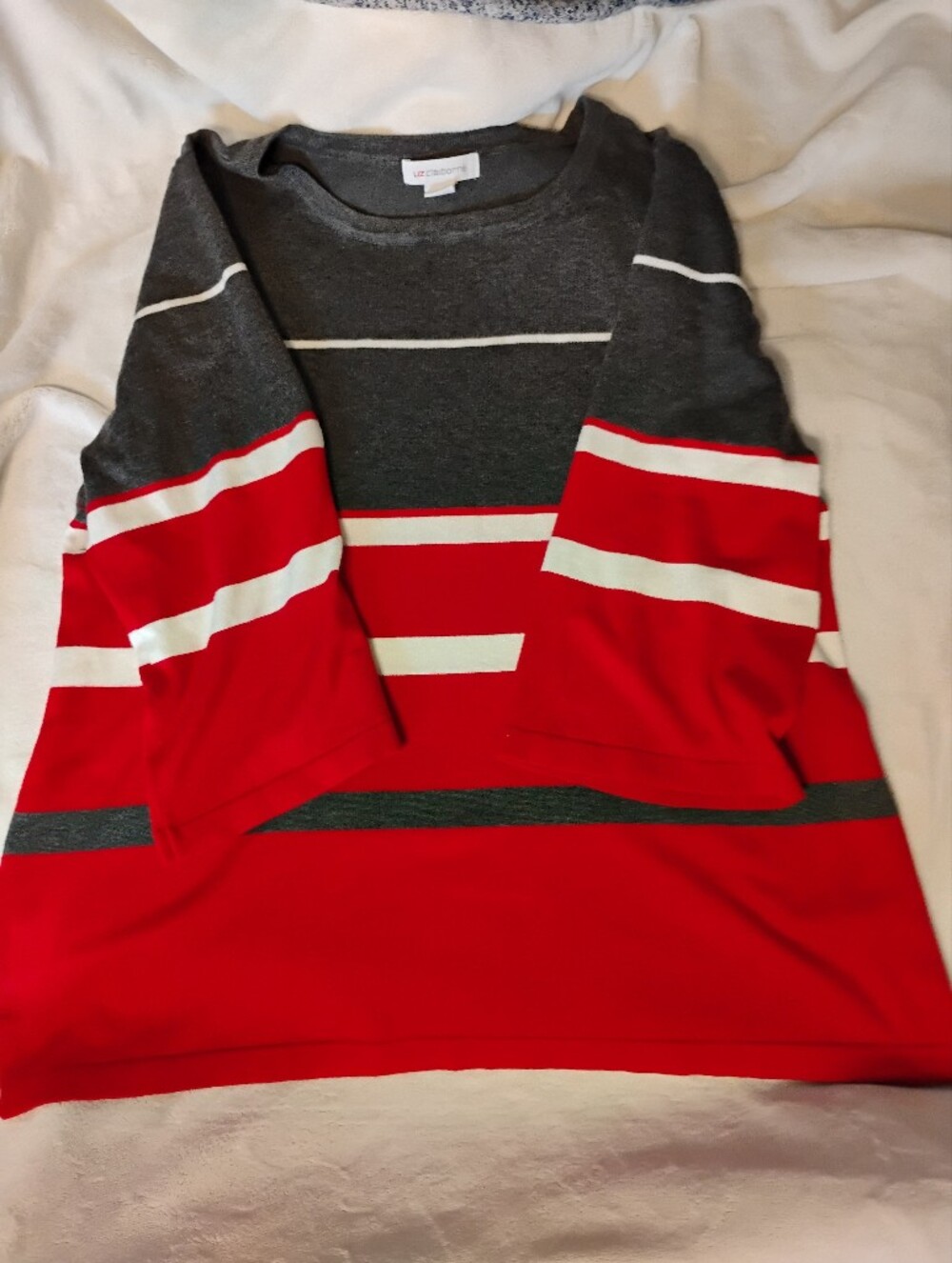 Liz Claiborne Red, White & Gray Striped Crewneck Sweater